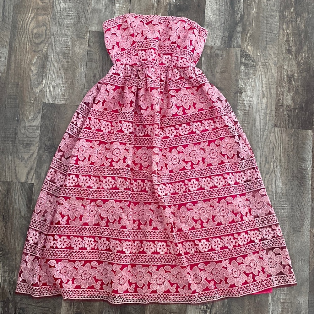 Adrianna Papell Strapless Midi Ballgown Floral Hot Pink Dress 💕